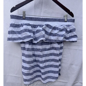 Saks Fifth Avenue Ruffle Top S Women's Off Shoulder White & Gray Stripes